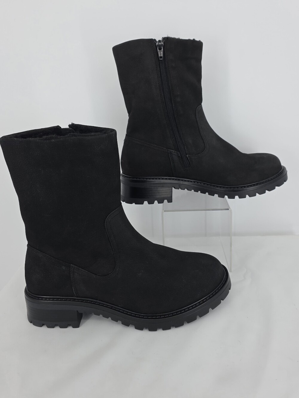 ALDO Womens 7 Black Faux Fur Lined Mid Calf Moto Lug Sole Boots NWOT